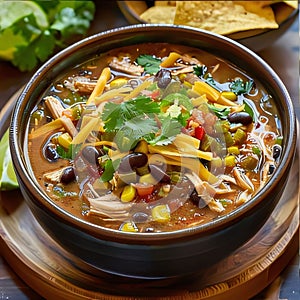 Mexican chili con carne in a bowl with tortilla chips