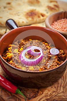Mexican chilli con Carne with red lentils photo