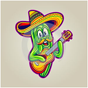 Mexican cinco de mayo cactus playing guitar illustrations