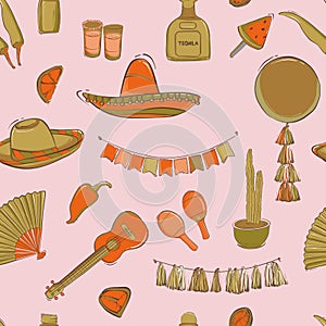 Mexican cinco de mayo carnival seamless pattern design. Fiesta holiday musical instruments, local food, decoration, tequila,