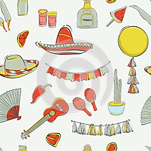 Mexican cinco de mayo carnival seamless pattern design. Fiesta holiday musical instruments, local food, decoration, tequila,