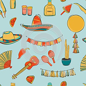 Mexican cinco de mayo carnival seamless pattern design. Fiesta holiday  musical instruments, local food, decoration, tequila, cact