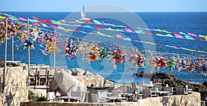 Mexican colorful pinatas at cliff restaurant luxury hotel during New Years and Christmas celebrations