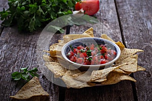 Mexican corn chips nachos with salsa dip