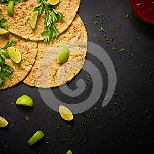 Mexican corn tortilla with hot sauce