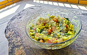 Mexican cuisine guacamole salad with tomatoes cucumbers avocado onions garlic