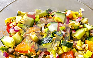 Mexican cuisine guacamole salad with tomatoes cucumbers avocado onions garlic