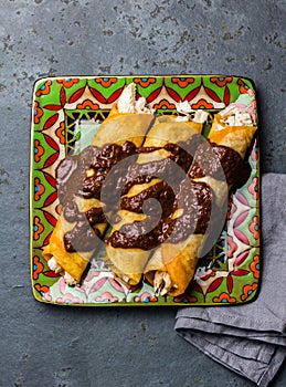 Mexican cuisine. Traditional Mexican chicken enchiladas with spicy chocolate salsa mole poblano. Enchiladas with sauce