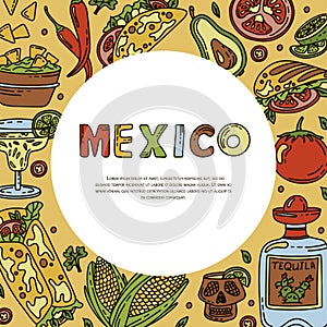 Mexican cuisine, vector doodle food banner. National spicy food, fast food, snacks. Sketch illustration for restaurant