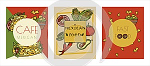 Mexican cuisine, vector doodle food banner. National spicy food, fast food, snacks. Sketch illustration for restaurant