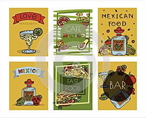 Mexican cuisine, vector doodle food banner. National spicy food, fast food, snacks. Sketch illustration for restaurant