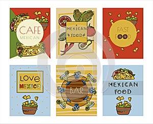 Mexican cuisine, vector doodle food banner. National spicy food, fast food, snacks. Sketch illustration for restaurant