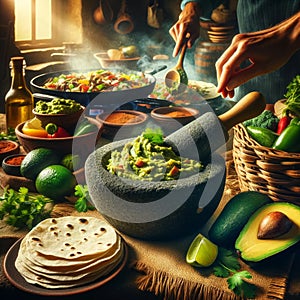 Mexican Culinary Delight: Cooking Tacos and Guacamole in Kitchen