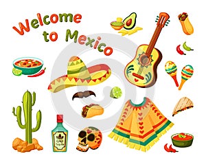 Mexican culture set. Sombrero and guitar with ethnic picture painted skull bottle tequila aromatic burrito hot chili