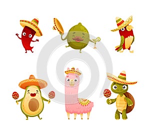 Mexican Culture Symbols with Cute Avocado, Lime, Turtle and Llama in Sombrero Hat Playing Maracas Vector Set