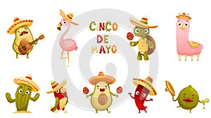 Mexican culture symbols set. Cute funny avocado, flamingo, turtle, llama, cactus, lime in sombrero hats playing musical