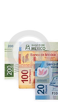 Mexican currency bills of 20, 100 and 200 pesos photo