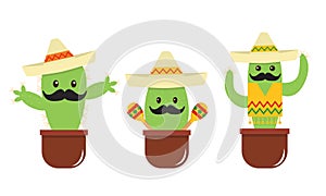 Mexican cute cartoon cactus with a mustache and sombrero.