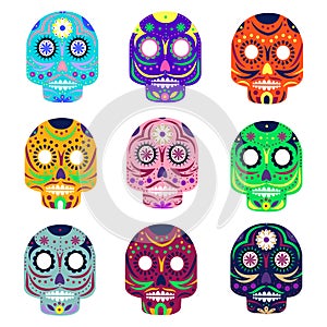 Mexican day of the dead concept vector illustration. Muerte festival. Colorful set skulls on white background