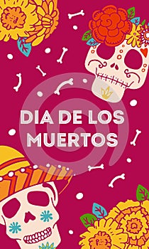 Mexican Day of the Dead design template with two painted skulls in sombrero and flowers. Title in Spanish Day of the Dead