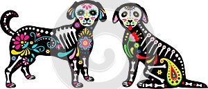 Mexican dead dogs. Dead animals. Dogs skulls and sugar heads colorful holiday vector illustration for day of the dead