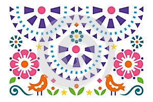 Mexican folk art style vector greeting card or invitaiton design with birds, flowers and leaves photo