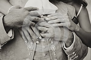 Mexican destination charro wedding portrait, bride and charro groom sepia old vintage picture photo