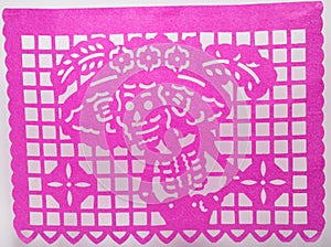 Mexican dia de muertos papel picado cut paper skull art featuring Catrina