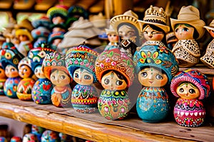 Mexican dolls are on display at a market.