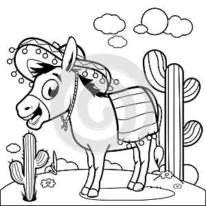 Mexican donkey in the desert. Vector black and white coloring page.