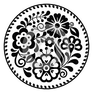 Mexican folk art style vector round floral pattern in frame, nature black and white mandala composition inspired by traditional em