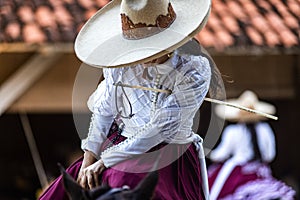 Mexican equestrian with a traditional hat on an Aztec horse of great lineage changing from gallop to trot