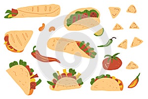 Mexican fast food set. Burrito, taco, nacho. Traditional culture cuisine tortilla with meet, salad, pepper vegetables. Vector flat