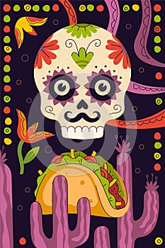 Mexican fast food tacos poster for mexico cuisine restaurant menu for taqueria eatery advertising. Skeleton skull