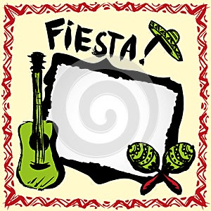 Mexican fiesta frame with sombrero's, maracas and guitar