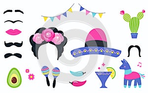 Mexican Fiesta Party Elements and Photo Booth Props Set. Vector Design photo