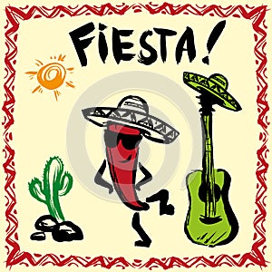 Mexican Fiesta Party Invitation with maracas, sombrero and guita