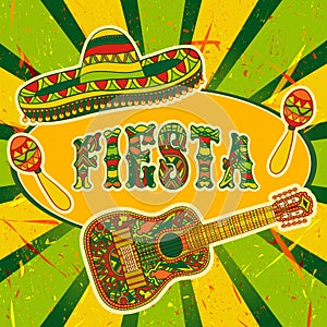 Mexican Fiesta Party Invitation with maracas, sombrero and guitar. Hand drawn vector illustration poster