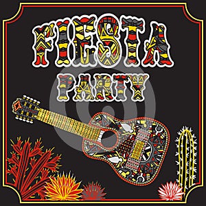 Mexican Fiesta Party Invitation with Mexican guitar, cactuses and colorful ethnic tribal ornate title. Hand drawn vector photo