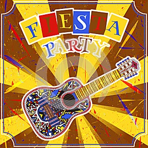 Mexican Fiesta Party Invitation with mexican guitar and colorful title. Hand drawn vector illustration poster with grunge photo