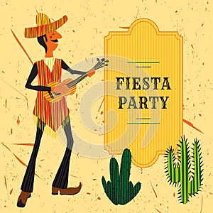 Mexican Fiesta Party Invitation with Mexican man playing the guitar in a sombrero and cactuses. Hand drawn vector illustration photo