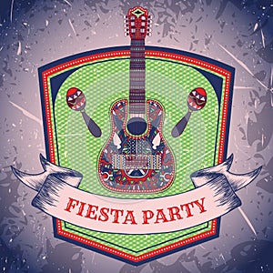 Mexican Fiesta Party label with maracas and mexican guitar .Hand drawn vector illustration poster with grunge background.