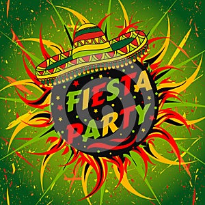 Mexican Fiesta Party label with sombrero and confetti .Hand drawn vector illustration poster with grunge background.