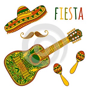 Mexican Fiesta Party. Maracas, sombrero, mustache and guitar. photo
