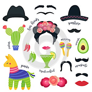 Mexican Fiesta Party Symbols and Photo Booth Props. Vector Design photo