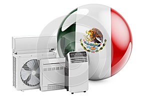Mexican flag with cooling and climate electric devices. Manufacturing, trading and service of air conditioners in Mexico, 3D