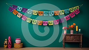 Mexican Flag Decorations Hanging On Green Wall With Lamp