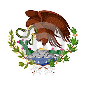 Mexican flag emblem of colorful silhouette of eagle with snake in peak over rock and plant of cactus