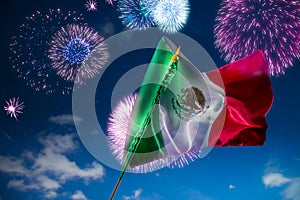 Mexican flag with fireworks, independence day, cinco de mayo celebration