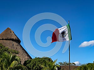 Mexican Flag and Thatched Roof Under Blue Sky
